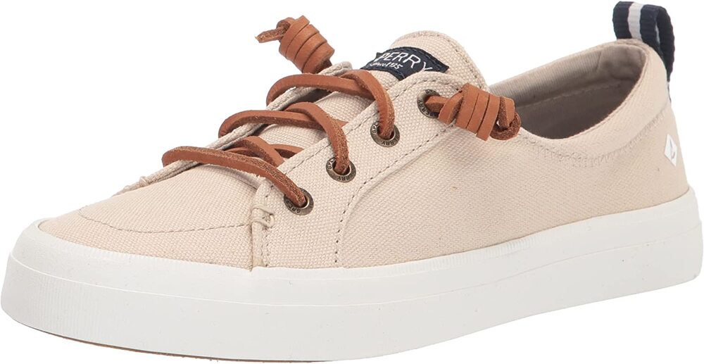 SPERRY Crest Vibe Oat Beige Linen Sneaker Cowhide Leather Laces ~ Women's Size 8
